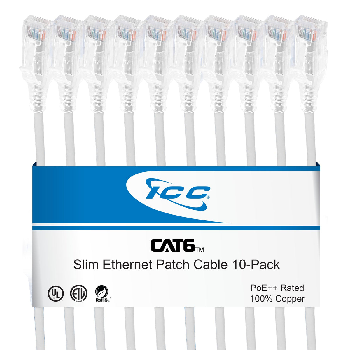 ICC CAT6 Slim RJ45 Ethernet Patch Cord, 550 MHz, UTP, 3 FT, White, 10-Pack