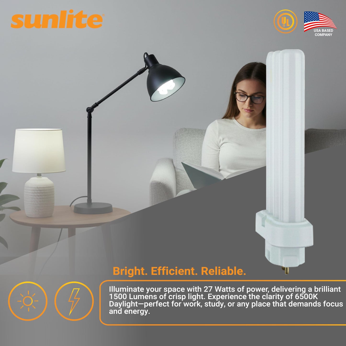 Sunlite FML27/65K Quad Tube Plug-in Compact Fluorescent Lamp, FML 4-Pin, 27 Watts, 1500 Lumens, 6500K Daylight, 4-Pin (GX10q4) Base, 120 Volts, 1 Pack