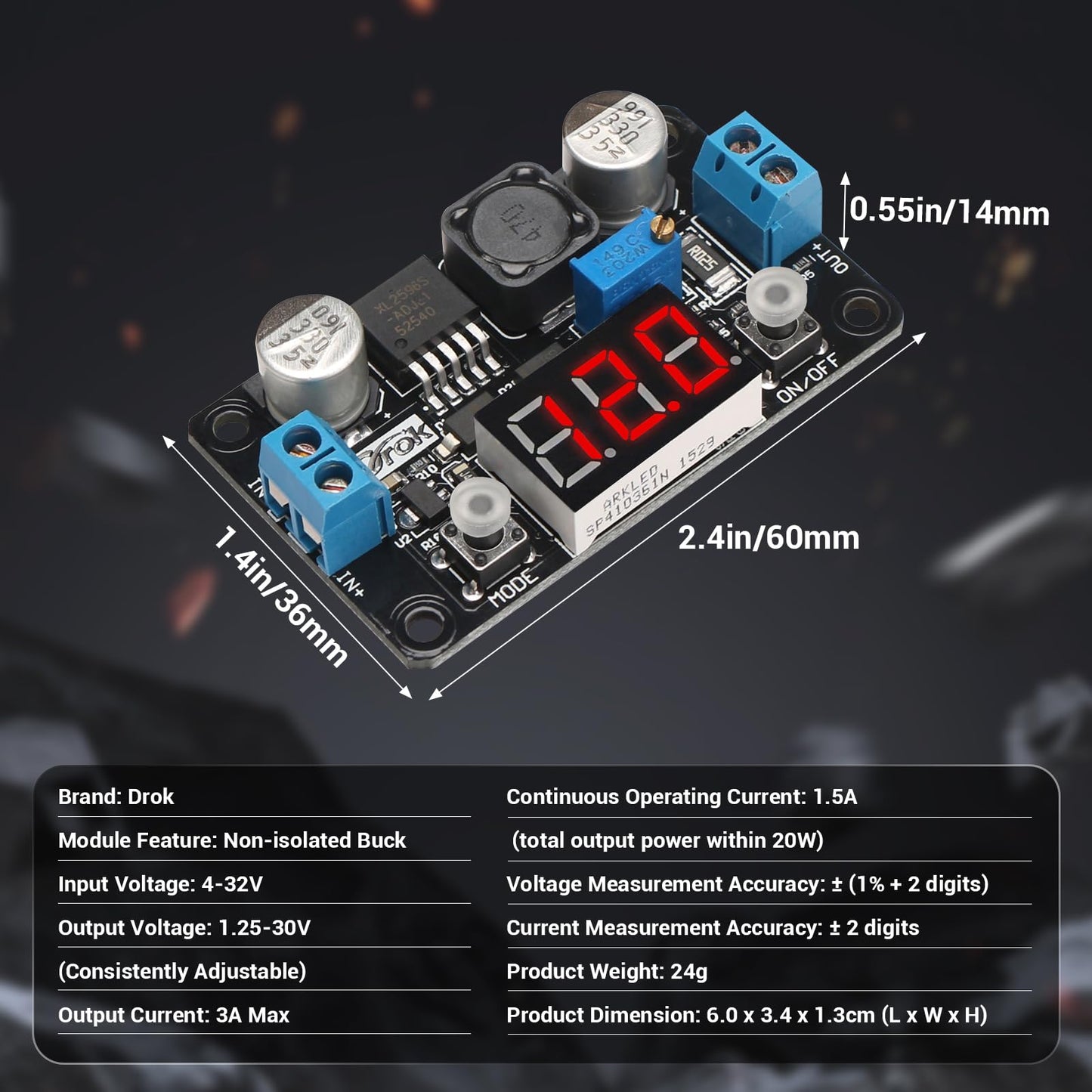 DROK Buck Converter 24v to 5v, DC 4-32V to 1.25-30V 3A Adjustable Step Down Module, LM2596 Voltage Regulator Board, 12V to 5 V LED Power Supply…