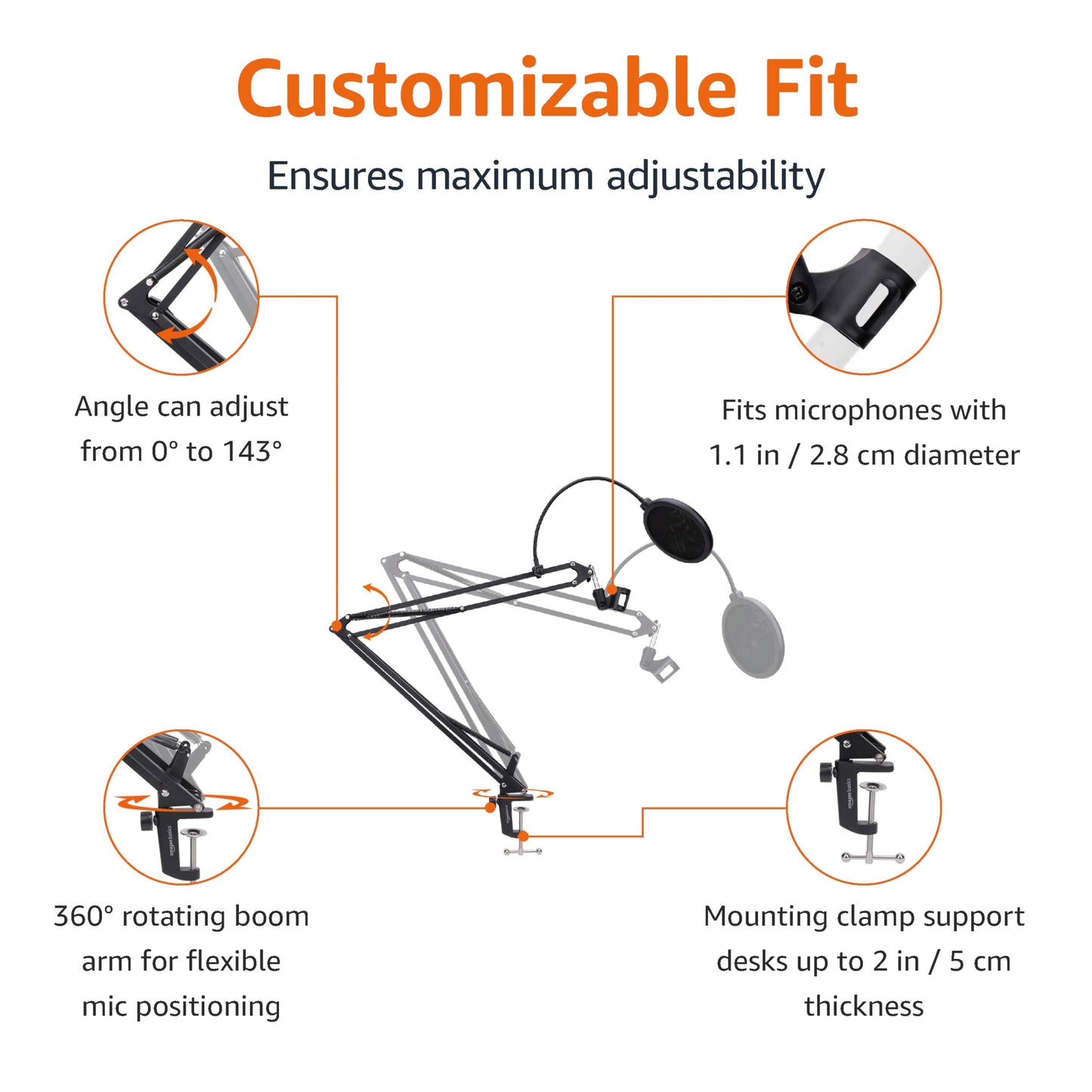 Amazon Basics Adjustable Microphone Stand, Pop Filter, Windscreen, for Blue Yeti, Snowball, Shure, Audio-Technica, other Mics, 19 inch