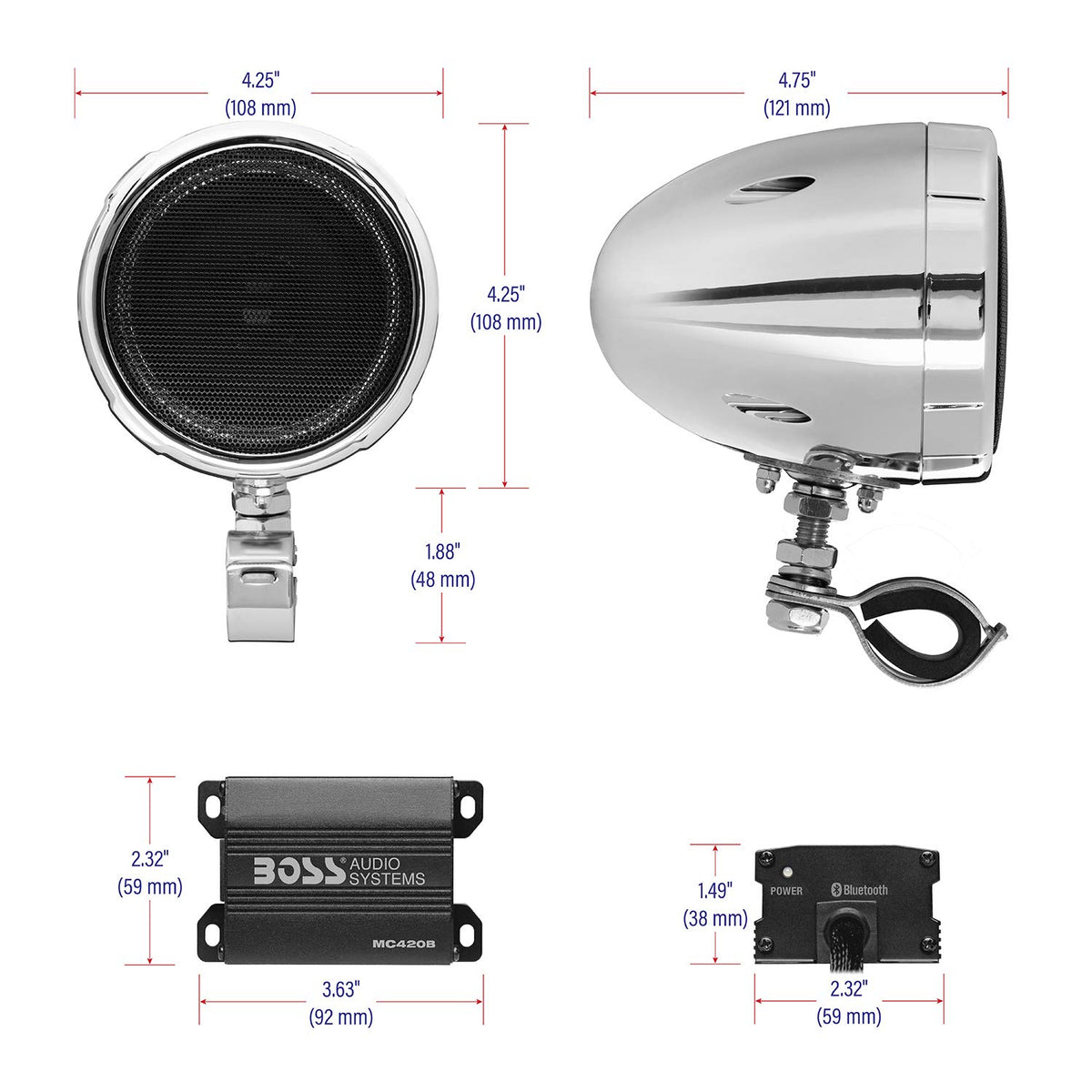 BOSS Audio Systems MC420B 3 Inch Motorcycle Speakers, Class D Amp Package