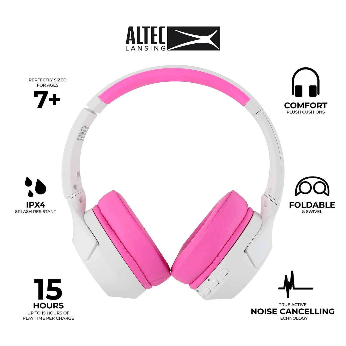 Altec Lansing Kid Safe Noise Cancelling Wireless Headphones 15H Battery, 85dB Volume Limit, Foldable Design Powerful Sound, Active Noise Cancellation