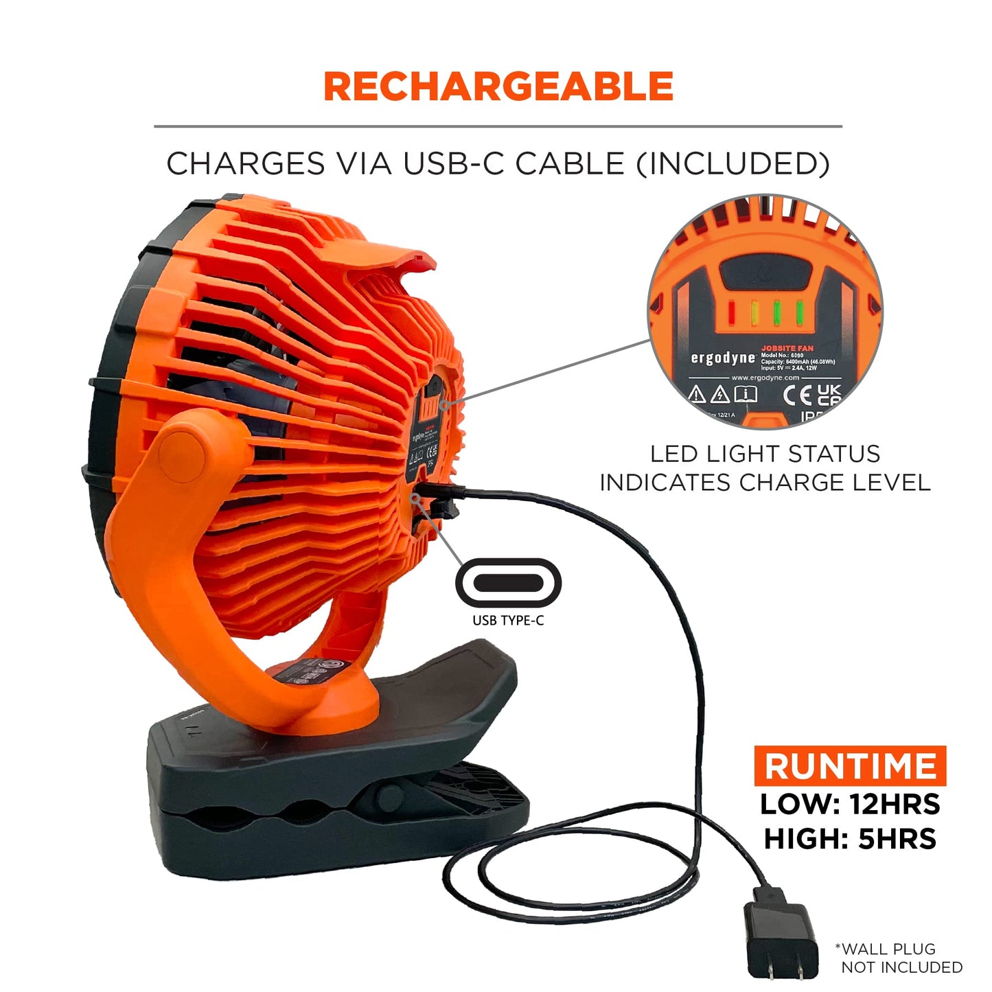 Ergodyne Chill Its 6090 Portable Jobsite Fan, Clip On and Magnetic Mount, Rechargeable Fans