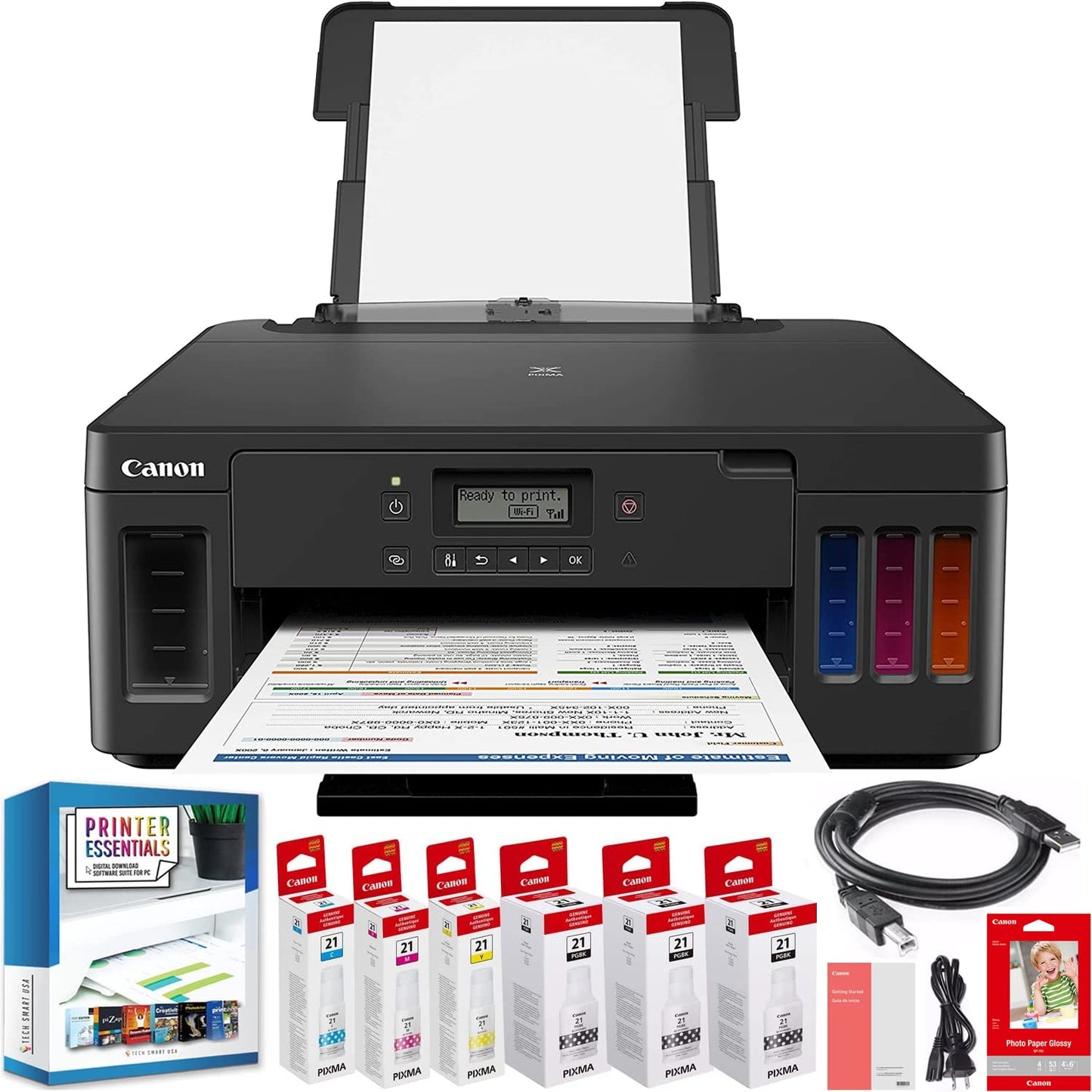 Canon PIXMA G5020 Wireless MegaTank Inkjet Printer 3112C002 with Mobile Printing + Photo Print & Auto 2-Sided + Refillable Ink Bottles + 2 Extra Black