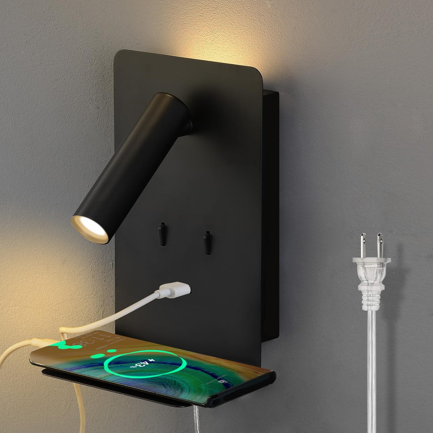 ZEROUNO Plug in Wall Sconce with Switch LED Bedside Lamp Bedroom Wall Mounted Reading Light with USB Port Wall Lighting 3000K?Black?