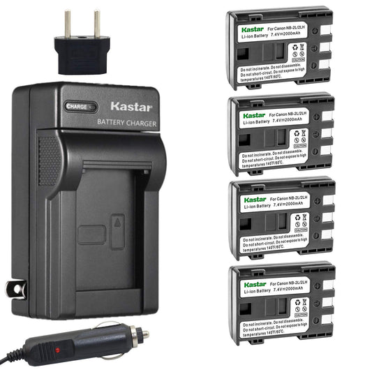 Kastar NB-2L Battery (4-Pack) and Charger Kit for Canon NB-2L NB-2LH NB-2L12 NB-2L14 NB-2L24 BP-2L5 BP-2LH and Canon EOS Digital Rebel XT Xti Cameras