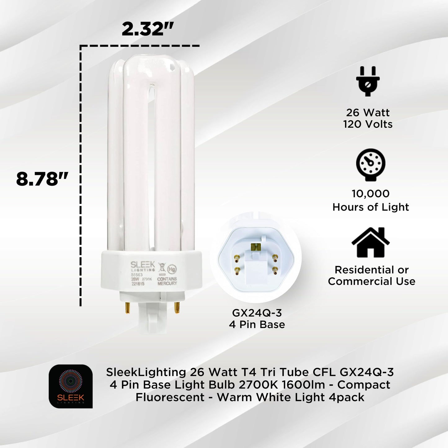 SLEEKLIGHTING 26 Watt T4 Tri Tube CFL 4 Pin GX24Q-3 Base Light Bulb 2700K 1600lm - Compact Fluorescent - Warm White Light 4pack