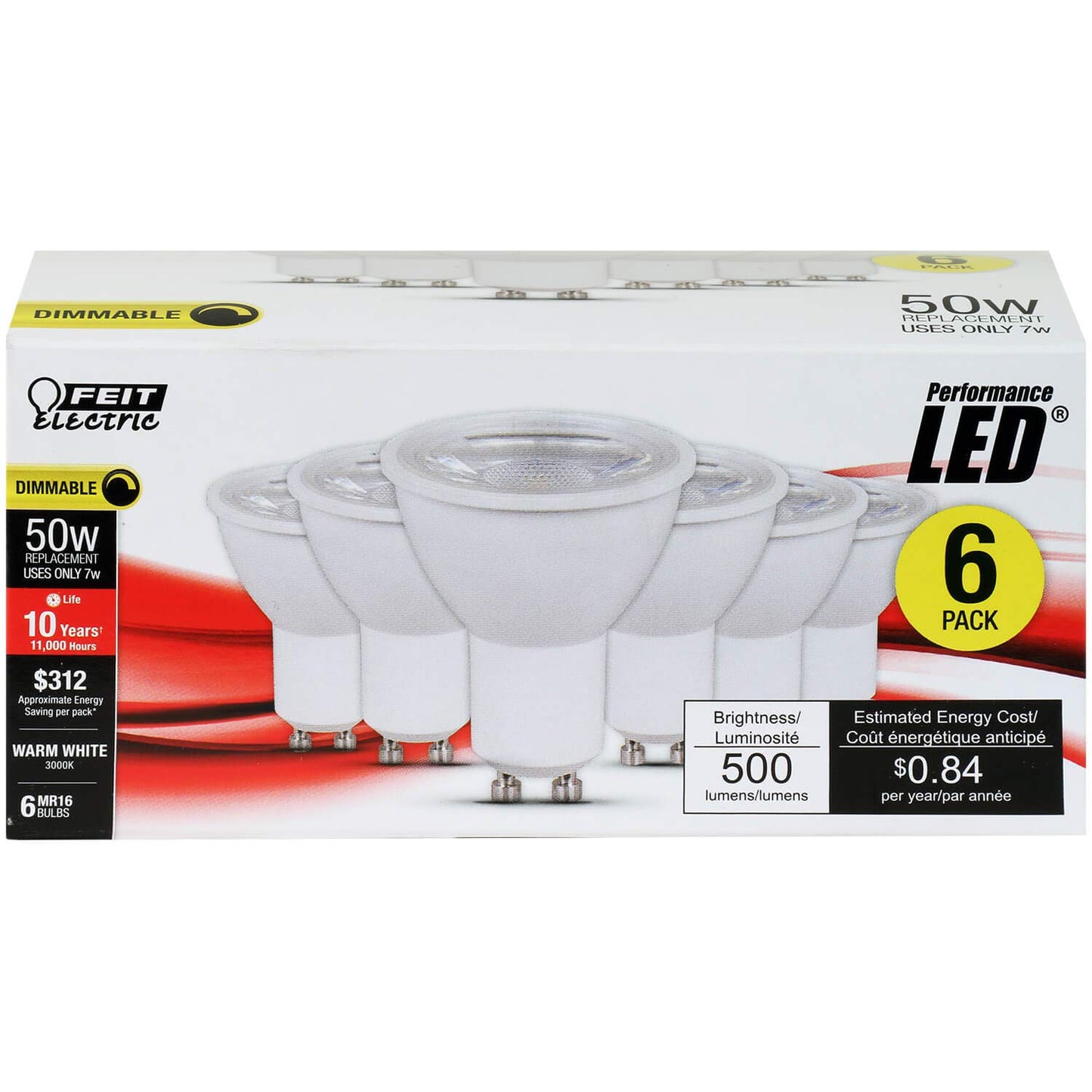 FEIT MR16GU10500/10KLED/6 500 Lumens 3000K MR16 Dimmable LED (6-Pack)