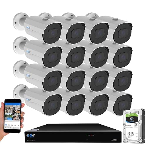GW 4K (3840x2160 @30fps Real-time) 5X Optical Motorized Zoom Outdoor 8MP Bullet PoE IP 16 Channel Security Camera System, AI Facial