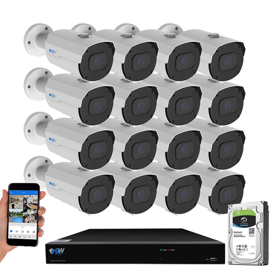 GW 4K (3840x2160 @30fps Real-time) 5X Optical Motorized Zoom Outdoor 8MP Bullet PoE IP 16 Channel Security Camera System, AI Facial