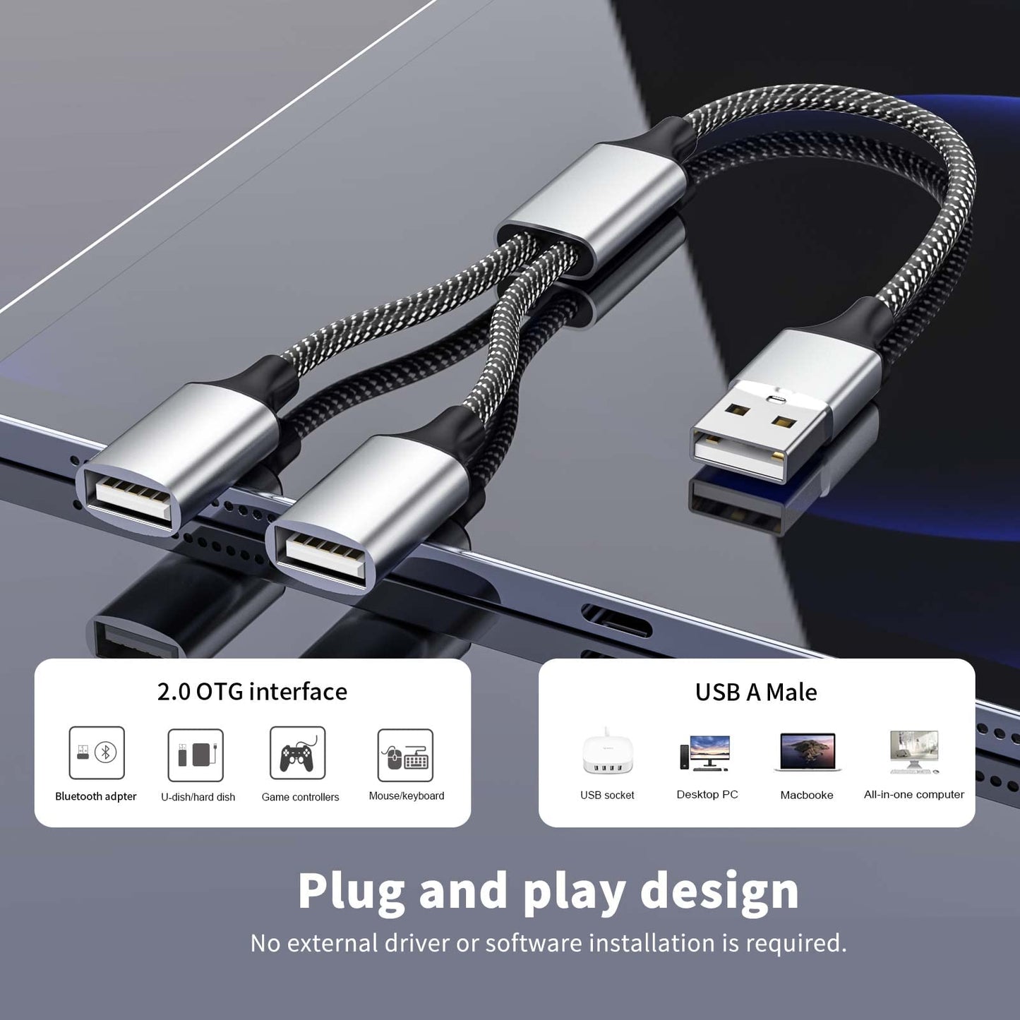 Fidioto USB A Splitter, USB A Male to 2 Female USBA Y Splitter, USB Splitter 1 in 2 Out Support Charging and Data Transfer for Printer/Keyboard/Flash