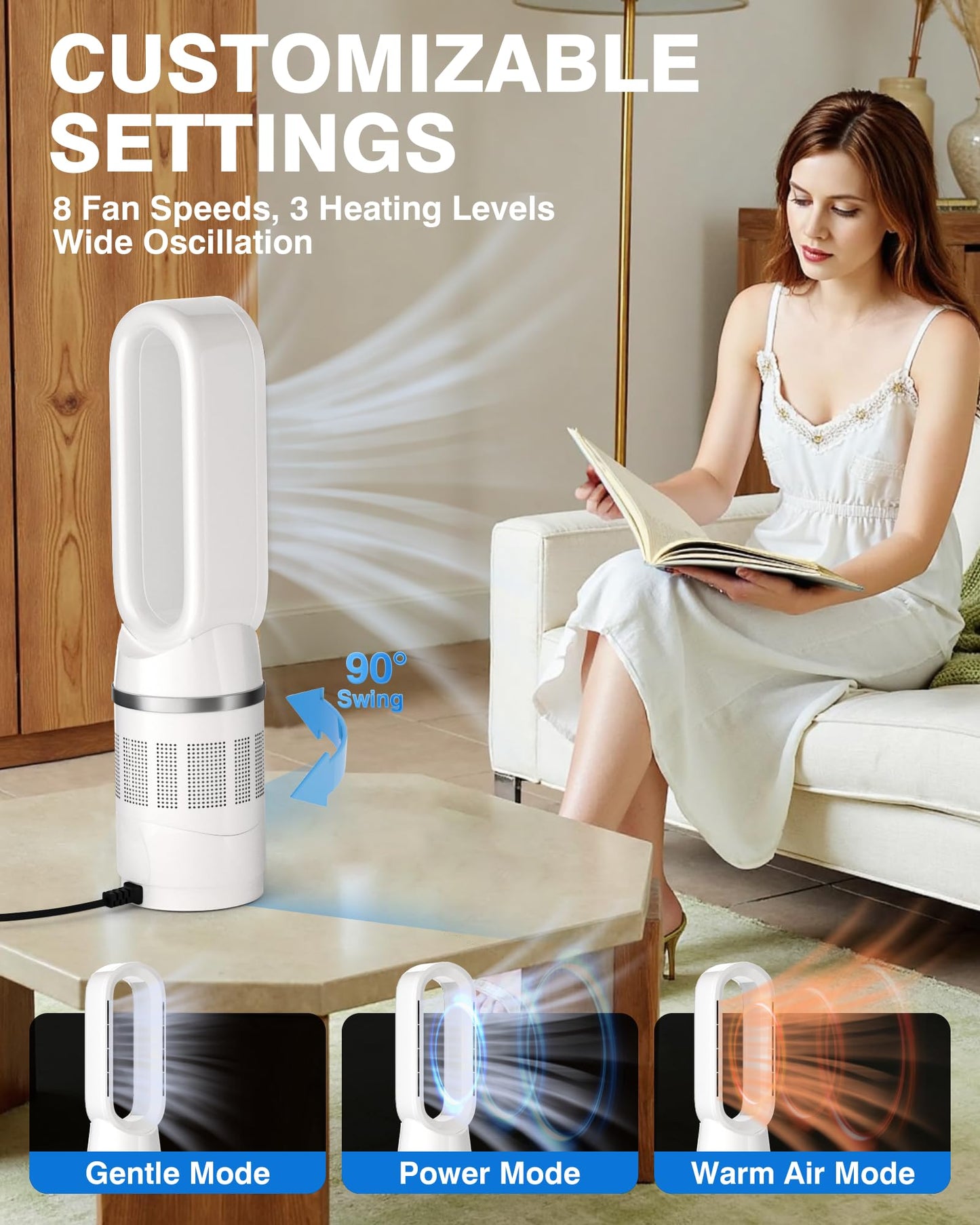 PYY Bladeless Heater and Fan Combo - 1400W Space Heater & 40W Tower Fan Combo with Remote & Filter, 8 Speeds, All the Season Use, 90° Oscillating