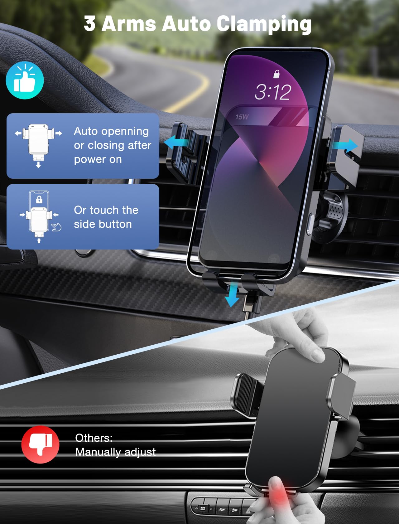 Wireless Car Charger, MOKPR Auto-Clamping Car Mount 15W/10W/7.5W Fast Charging Air Vent Car Phone Mount Compatible with iPhone 15/14/13/13 Pro/12 Pro