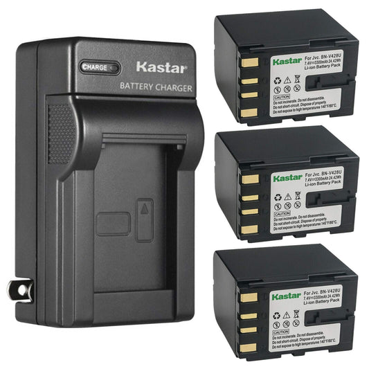Kastar 3-Pack BN-V428 Battery and AC Wall Charger Replacement for JVC BN-V408US BN-V416US BN-V428 BN-V428U BN-V428US BN-V438US BN-V856US Battery, JVC