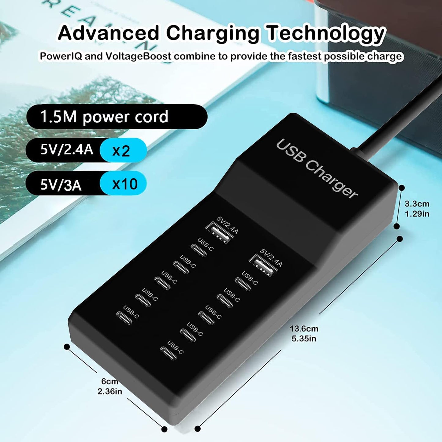 Multiple USB C Charger, 12 Ports USB Charging Station, 60W MultiPort Charger[10 USB-C+2 USB-A], USB Wall Charger, Desktop USB Charger