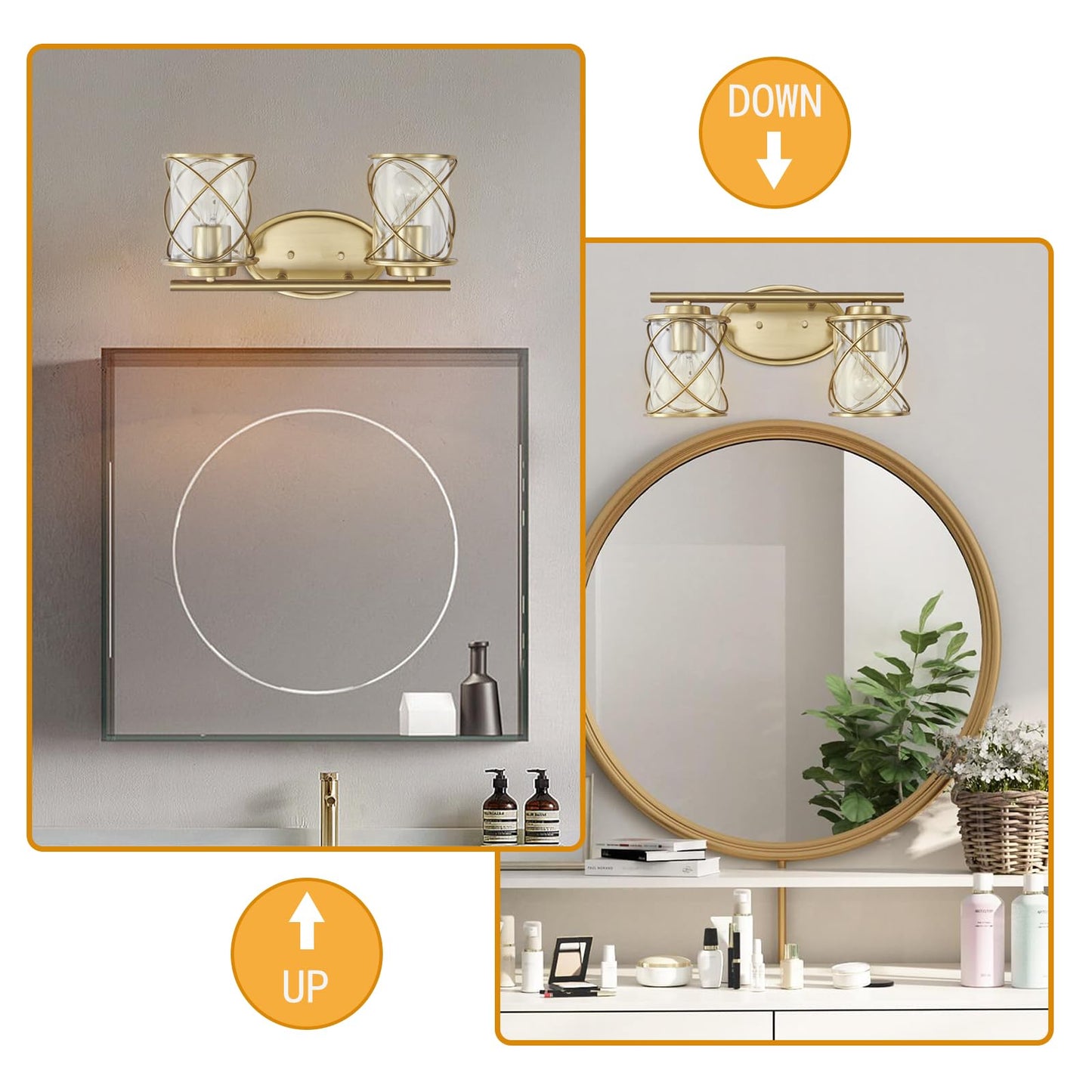 mavcadonf 2-Light UL Certified Brushed Gold Vanity Light, Metal Cage Shade Wall Sconce Over Mirror, Modern Farmhouse Light Fixture for Bathroom