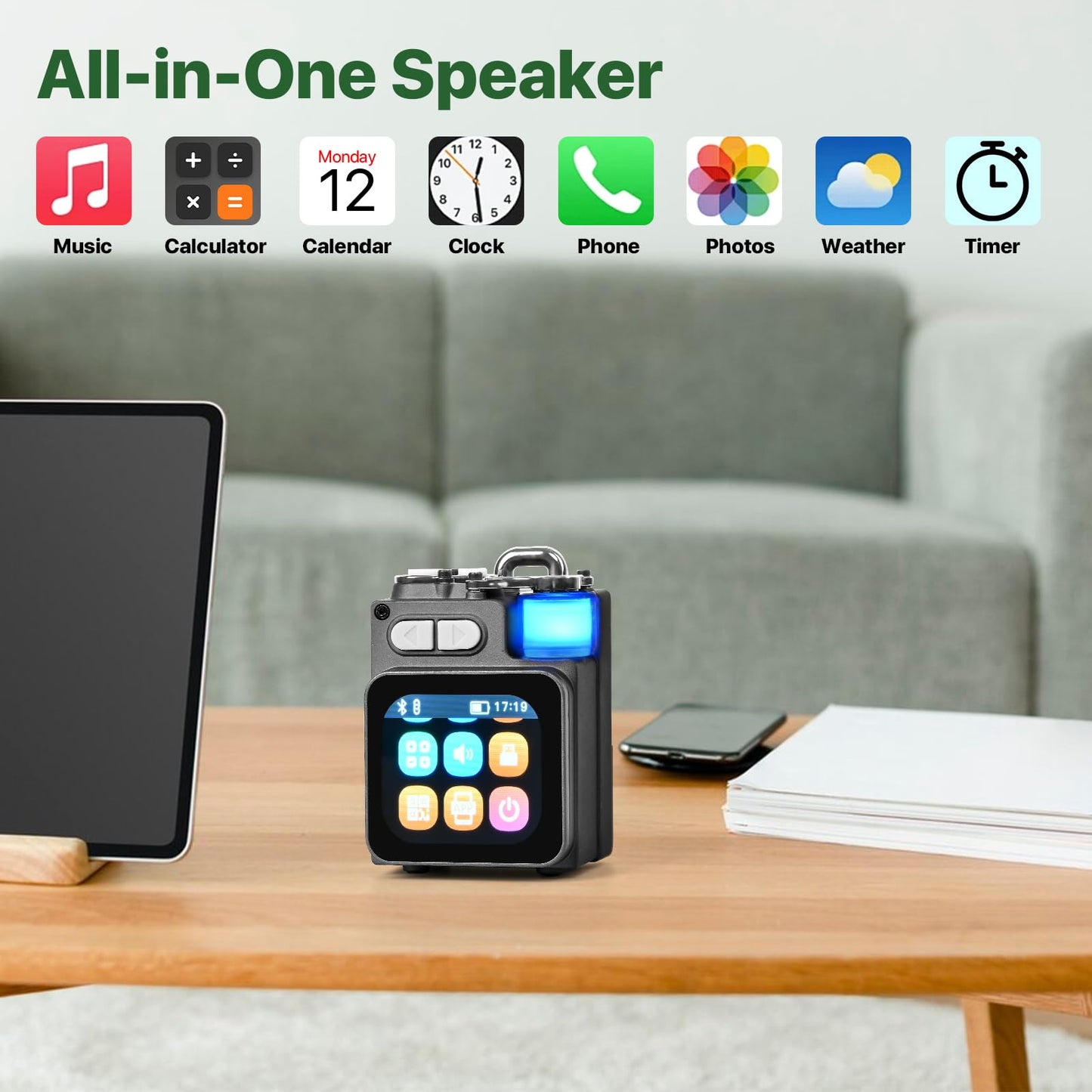 Mini Bluetooth Speaker, Smart Wireless Portable Speaker with Touchscreen, Loud HD Sound, LED Lights, BT5.4, All In One Small Audio