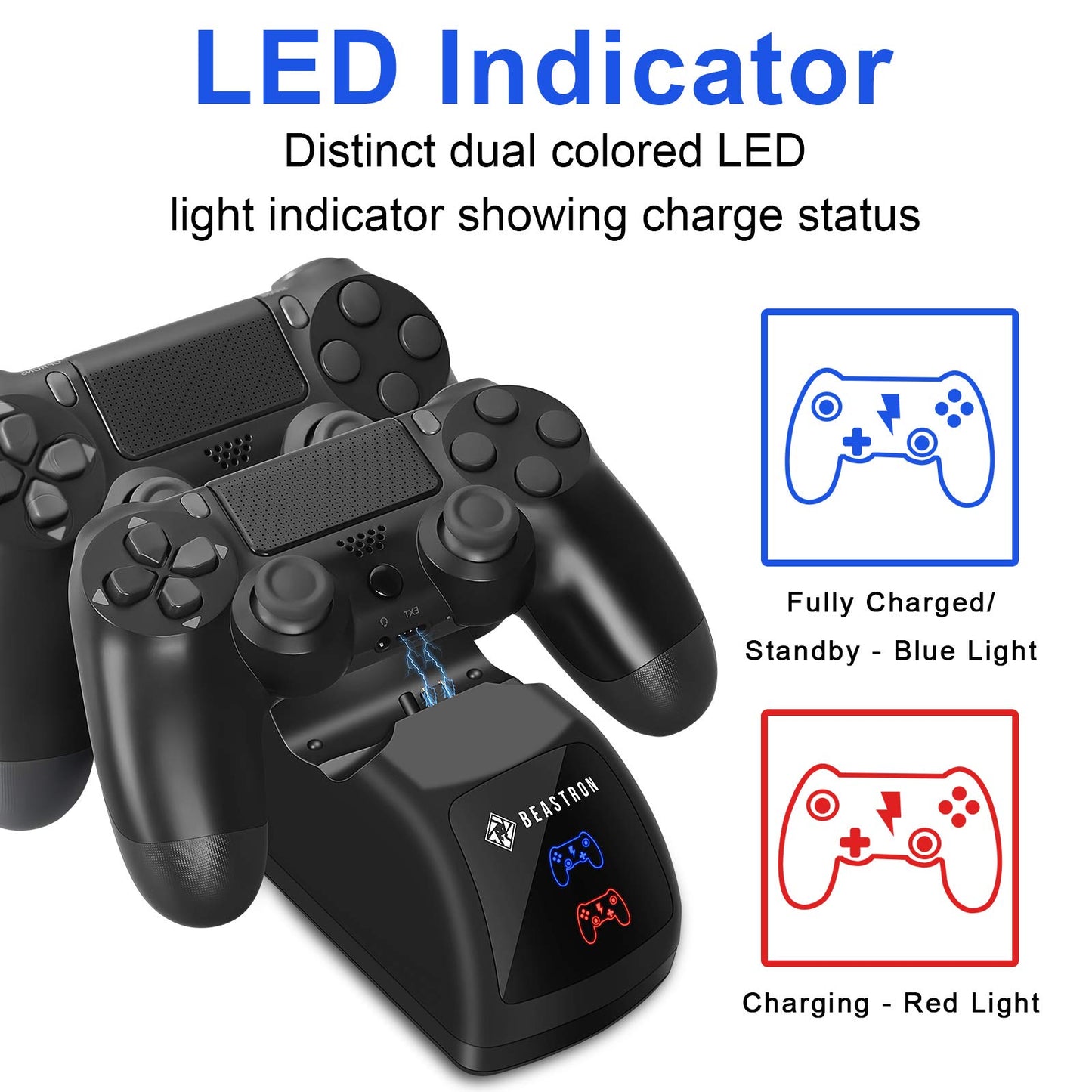 Beastron Dual USB Charger Station Dock for Sony PS4 Controller, Dual Charging Back Stand Docking Station with LED Light Indicator, Compatible