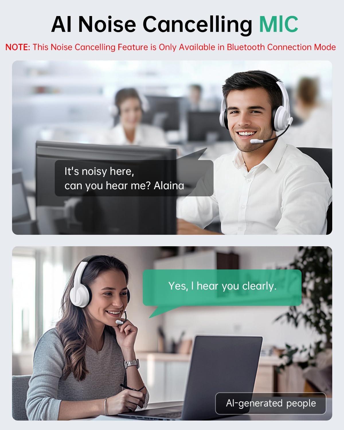 AOC Wireless Headset with Mic for Work, AI Noise Cancelling, Bluetooth