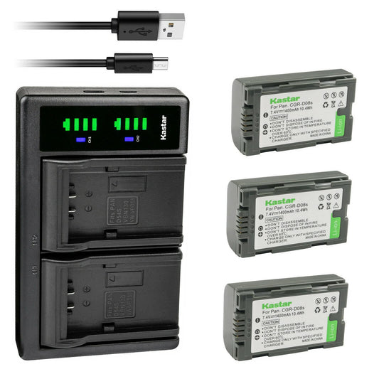 Kastar 3-Pack CGR-D08S Battery and LTD2 USB Charger Compatible with Panasonic AG-DVC15, AG-DVC15P, AG-DVC30, AG-DVC30E, AG-DVC32, AG-DVC33, AG-DVC60