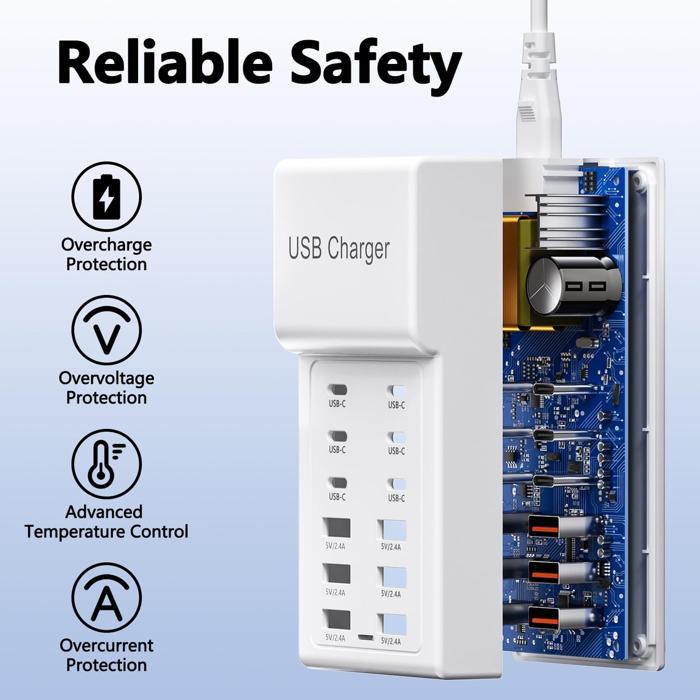 USB Charging Station, 12 Ports (6USBA + 6USBC) USB Charger Hub, 50W Multi USBC Power Strip for iPhone, Samsung, Tablet, USBA Extension Cord