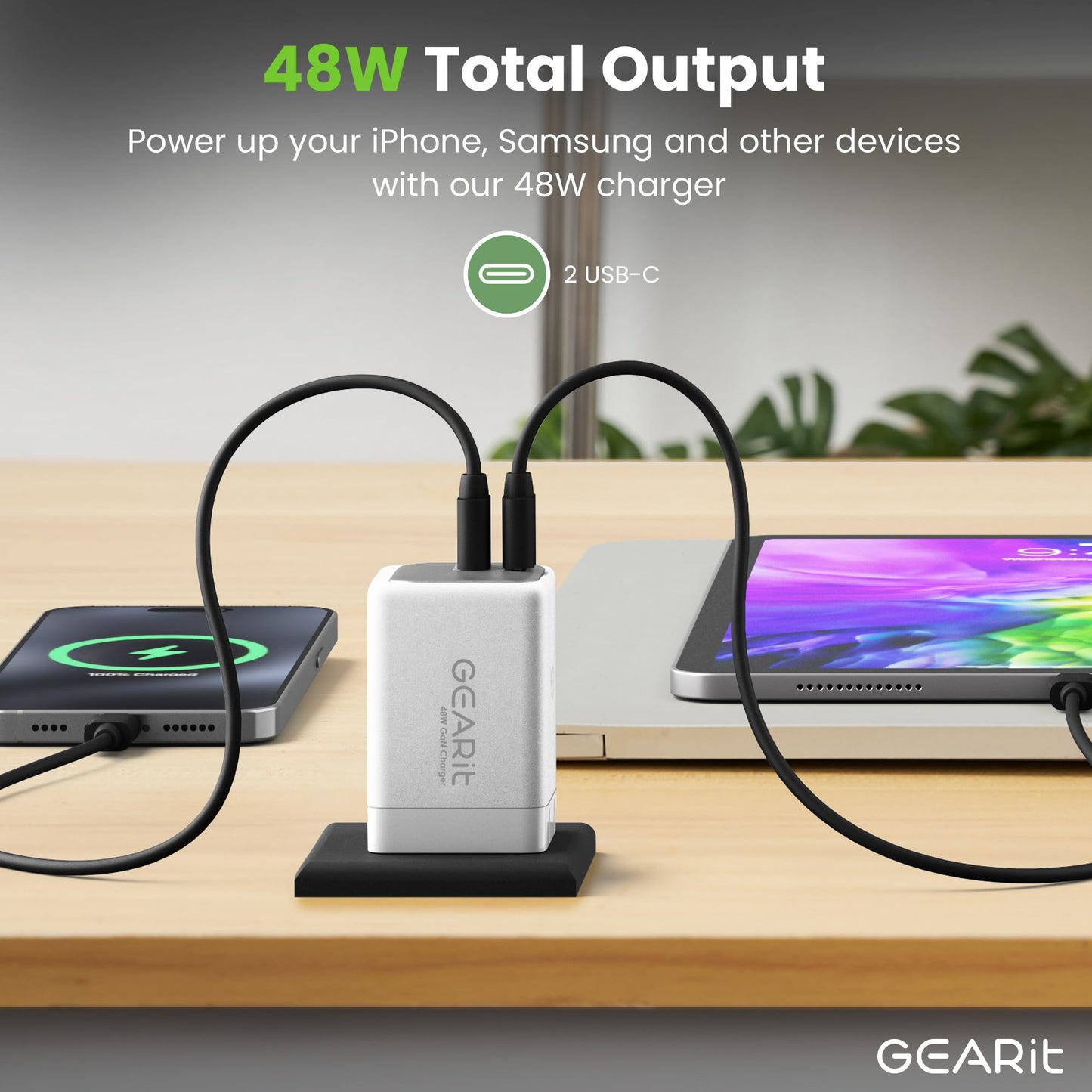 GEARit Compatible with Apple, Samsung, iPhone, iPad & Google Pixel | 48W USB C Charger Block | Fast Charging 2-Port GaN Wall Charger with PD 3.0 & PPS