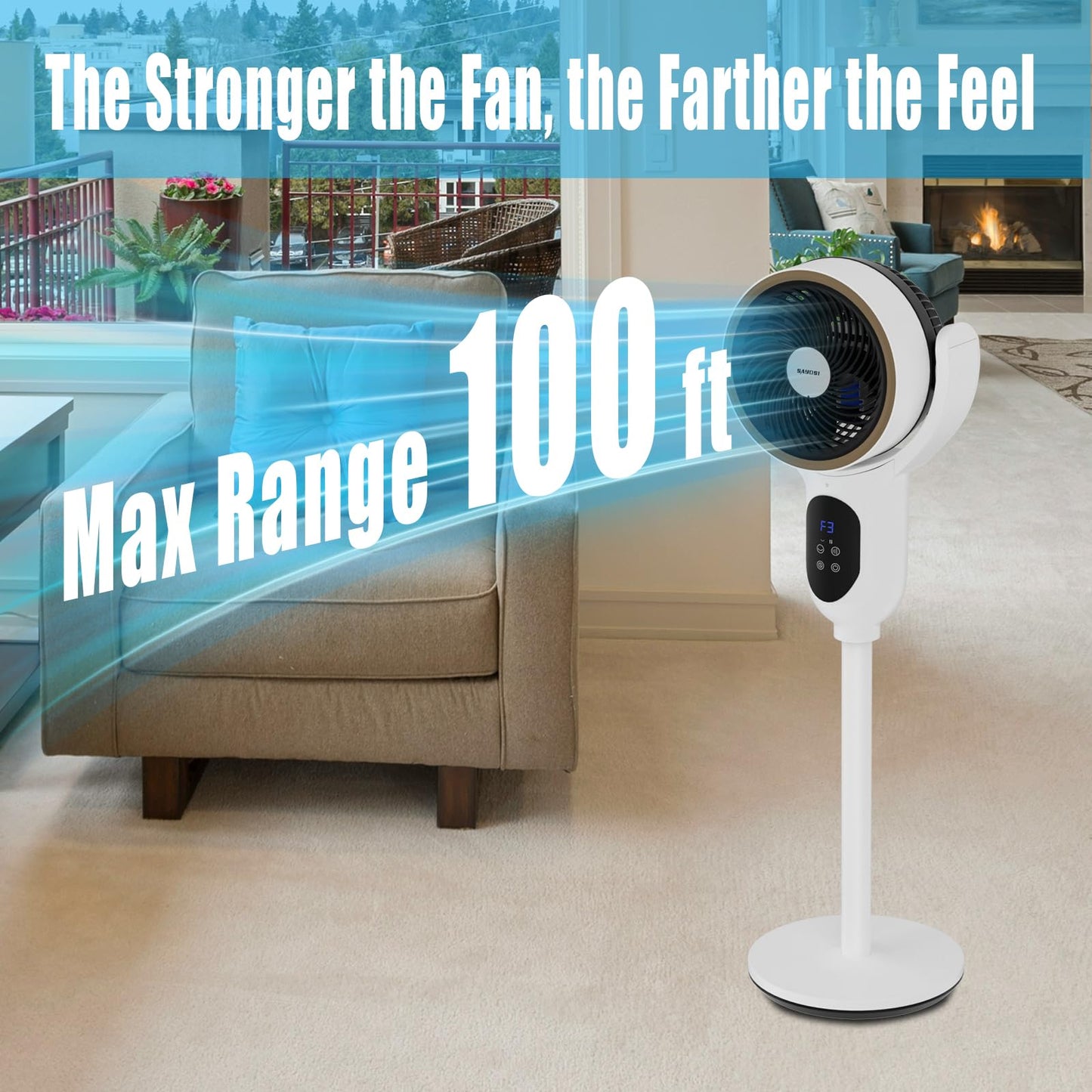 SAYDSI Fan for Bedroom,Auto 90° Oscillating Standing Tower Fan,100ft Electric Cooling Pedestal Fans for Home and Office(White)