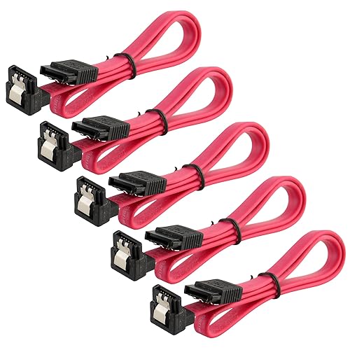 JacobsParts SATA Cable 5 Pack SATA III 6Gbps 90 Degree Right Angle with Locking Latch 18 Inches for HDD SSD - Red