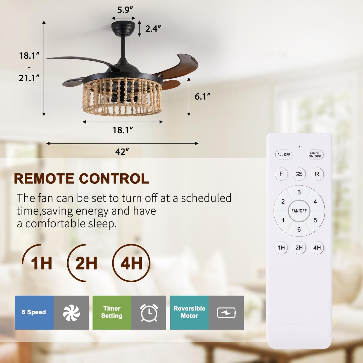 APBEAMLighting 42'' Boho Retractable Ceiling Fan with Light