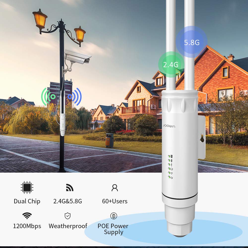 JOOWIN AC1200 High Power Outdoor Wireless Access Point Weatherproof WiFi Range Extender with POE Dual Band 2.4G&5.8GHz 802.11AC Wireless WiFi Access