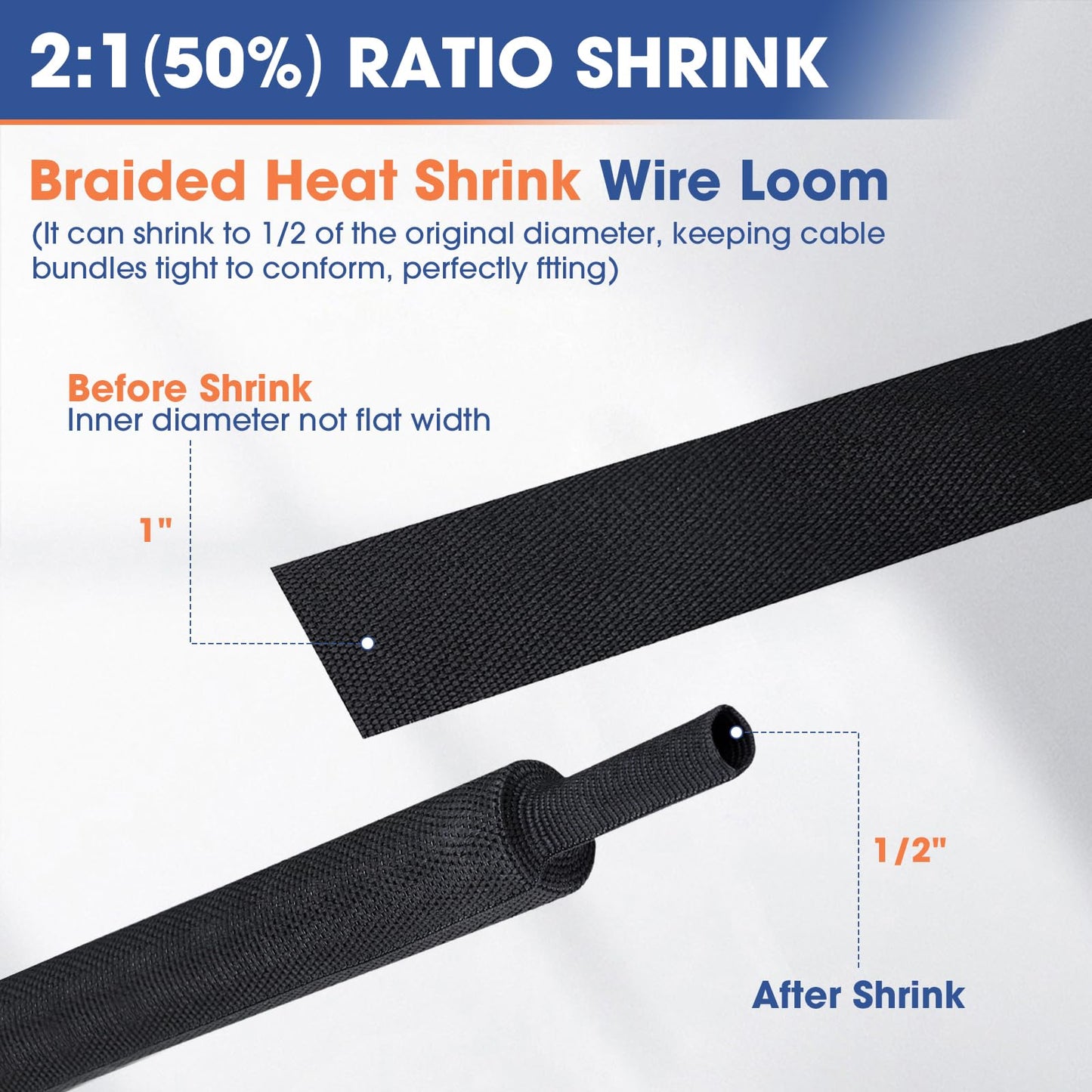 FOURUB 2:1 Heat shrinkable Braided Sleeving Fabric Wire Loom High Temp Heat Shrink Wiring Harness Abrasion Protector Cable Sleeve(1"-15ft)