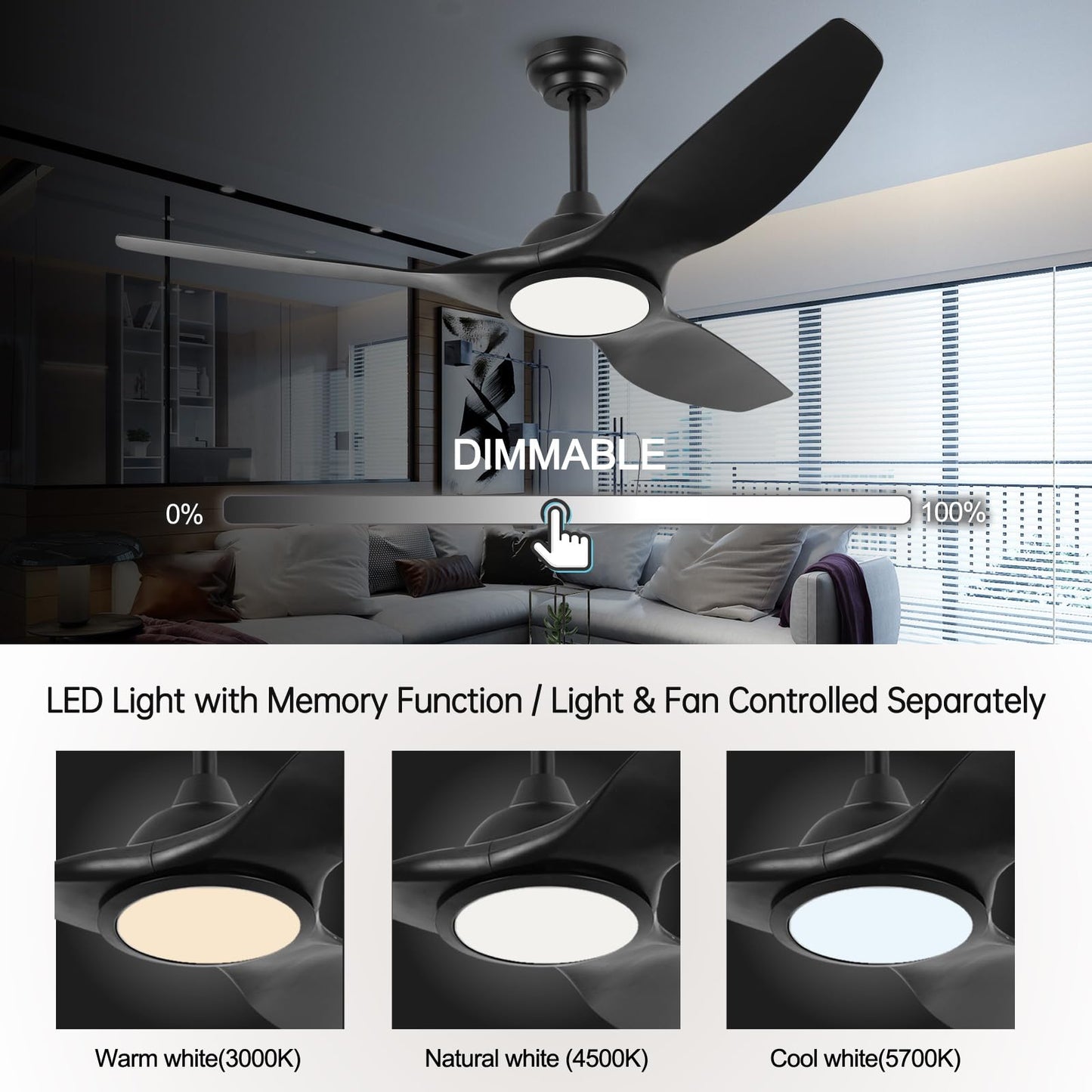 52 Inch High CFM Quiet Modern Black Ceiling Fan with Lights Remote Control