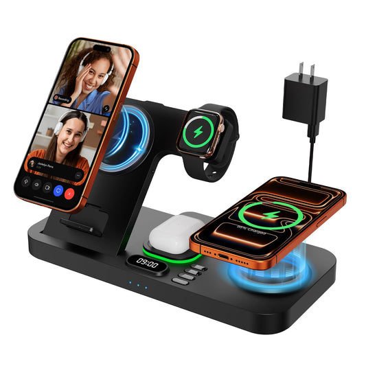Dual Phone Magnetic Wireless Charging Station for Apple Devices/Apple Ecosystem, 7-Color Auto Light & 12H Clock, Multi-Device Charger for iPhone