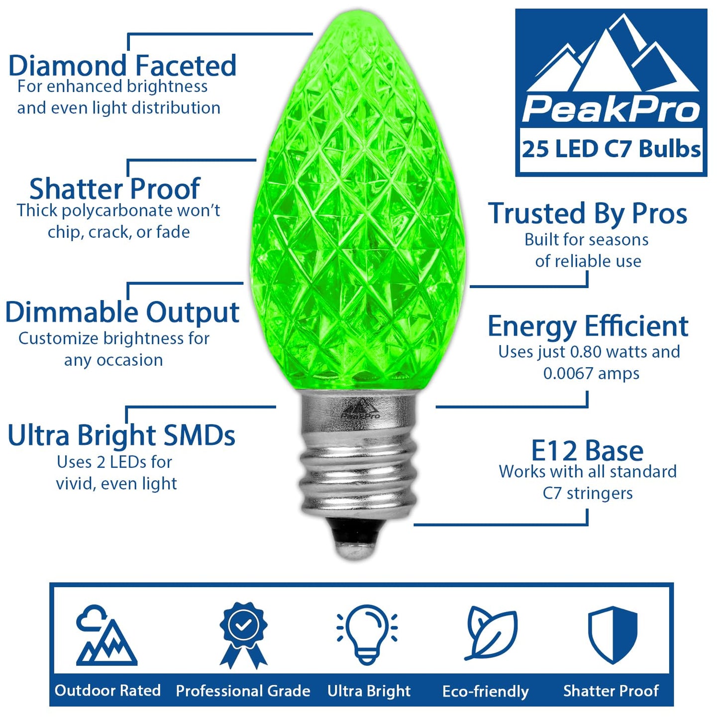 Novelty Lights 25PK Faceted Green C7 LED Christmas Light Replacement Bulbs