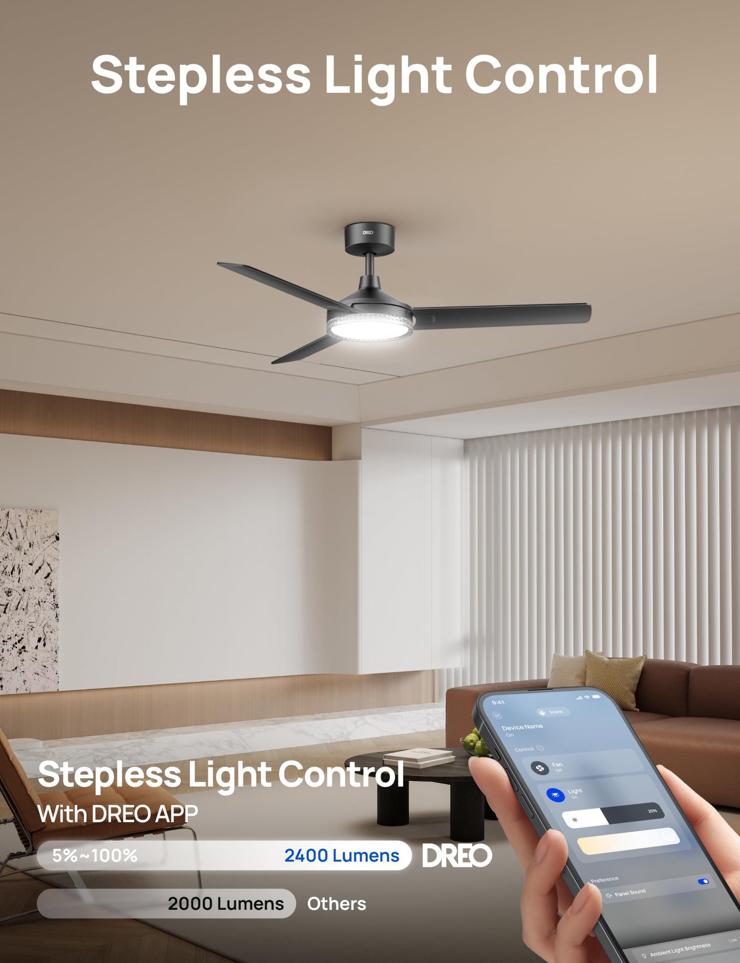 DREO 52 Inch Smart Black Ceiling Fans with Lights, 12 Speeds & 3 Fan Modes, Stepless Color Tones, Dimmable LED Light, 1-12H Timer, Quiet DC Motor