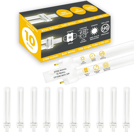 GoodBulb 13 Watt CFL Light Bulbs 2 Pin GX23 Base 2700K Soft White 13W High Output 800 Lumens Single Tube Compact Fluorescent Light Bulbs Plug-in 10