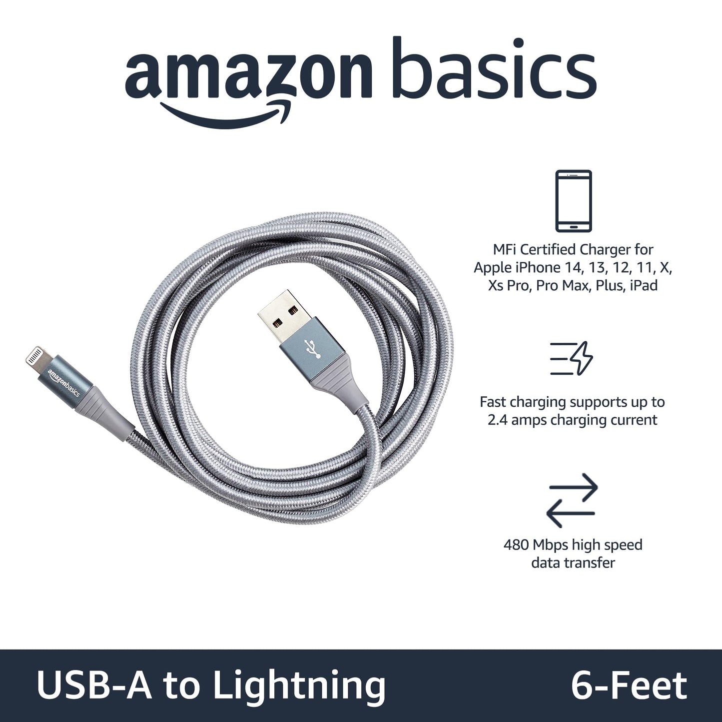 Amazon Basics USB-A to Lightning Charger Cable, Nylon Braided Cord, MFi Certified for Apple iPhone 14 13 12 11 X Xs Pro, Pro Max, Plus, iPad, 10,000…