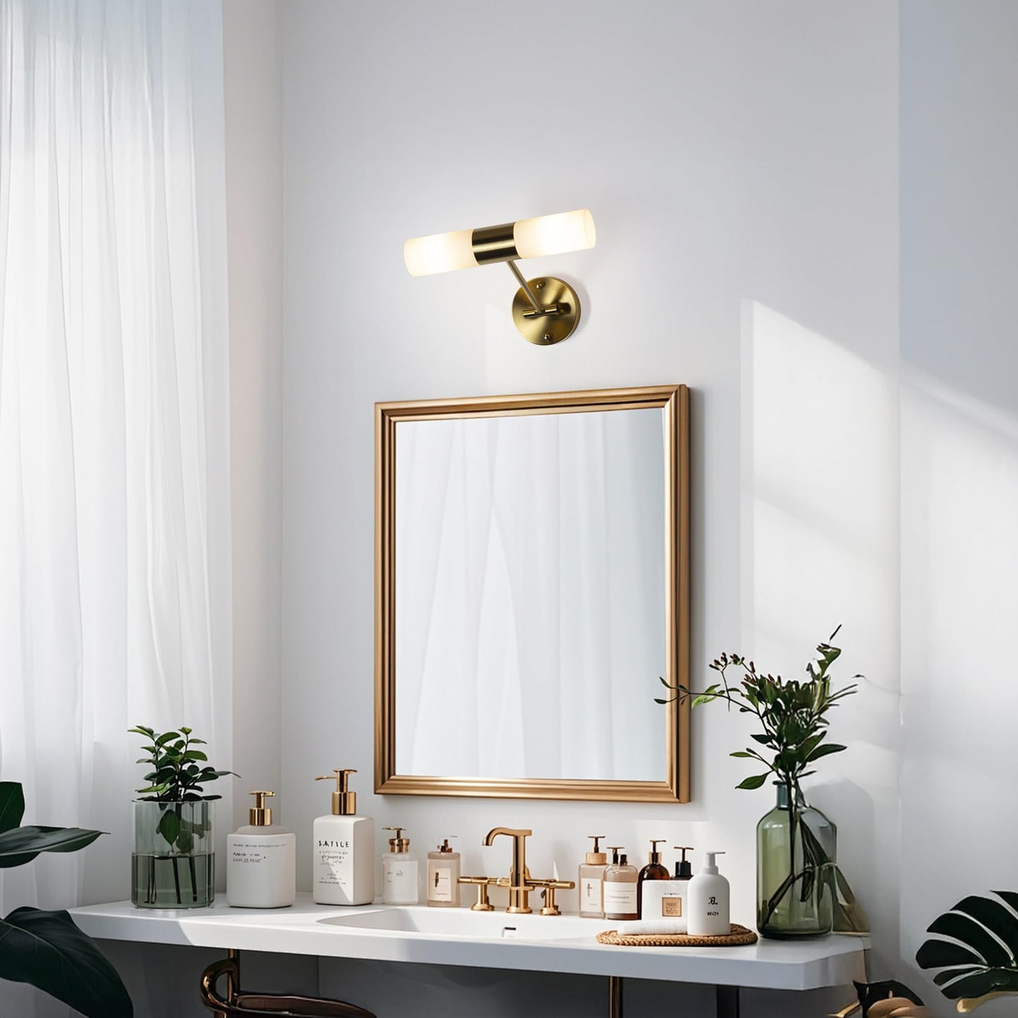 Modern Swing Arm Bathroom Light Fixtures, 11.8'' Milk Frosted Glass Shades Vanity Light for Mirror, IP44 Water Resistant 2*E12 Cordless Wall Sconces
