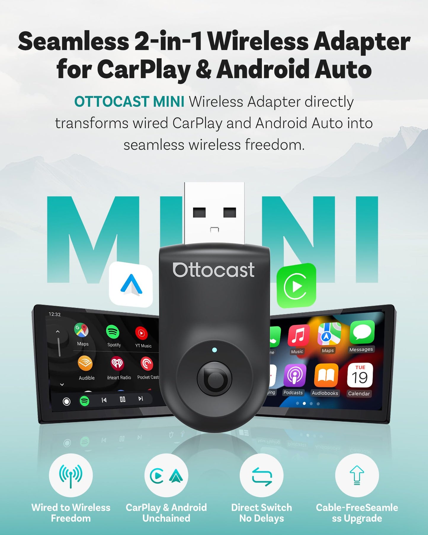 OTTOCAST Mini 2025 Wireless CarPlay & Android Auto 2-in-1 Adapter, Plug & Play, 5GHz WiFi, Auto Connect for iPhone & Android, Fits 98%+ OEM Wired