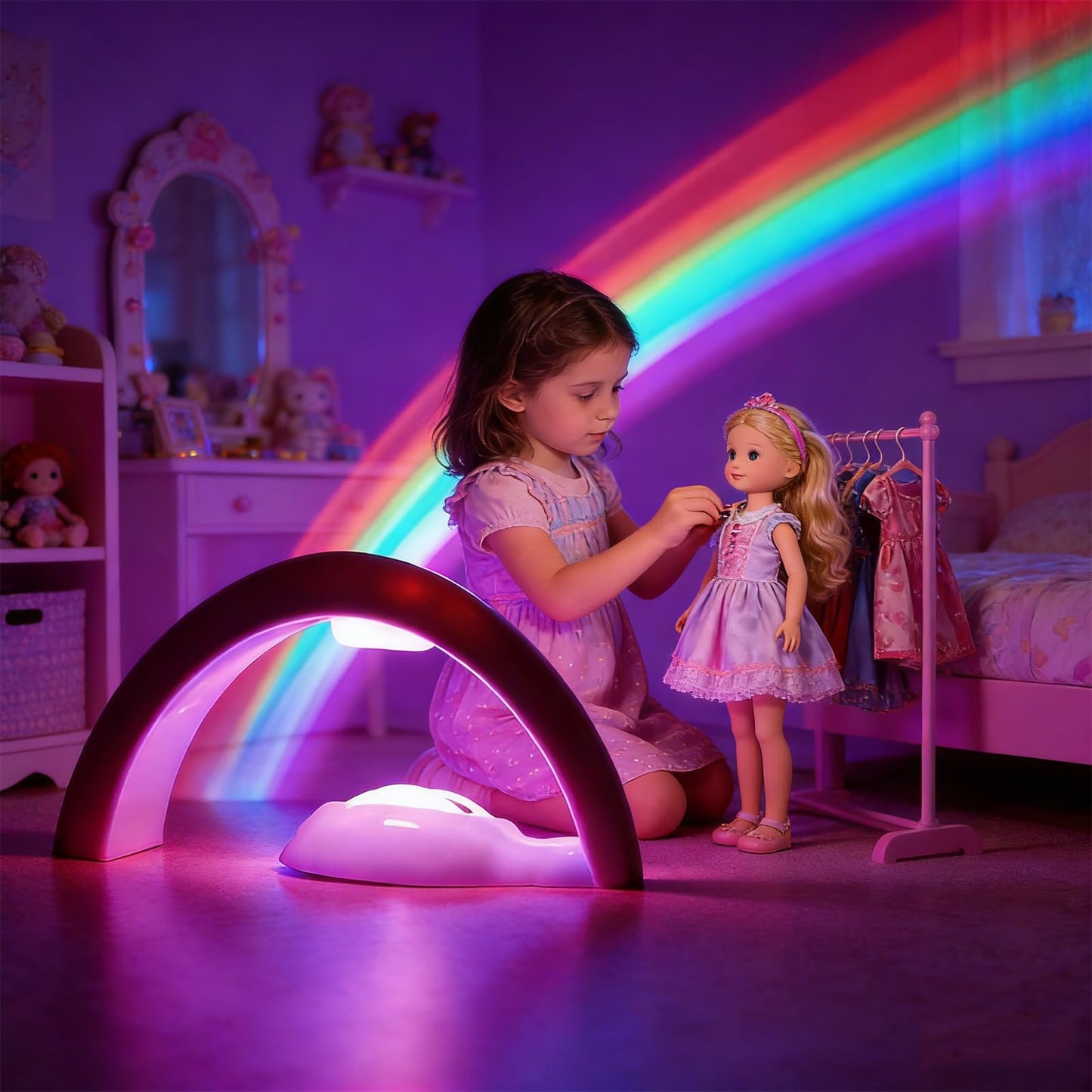 Rainbow Projector Night Light for Kids Bedroom, USB/ Battery Powered LED Rainbow Lamp with 10-Min Auto-Off Sleep Timer, Rainbow Projection Signs Wall