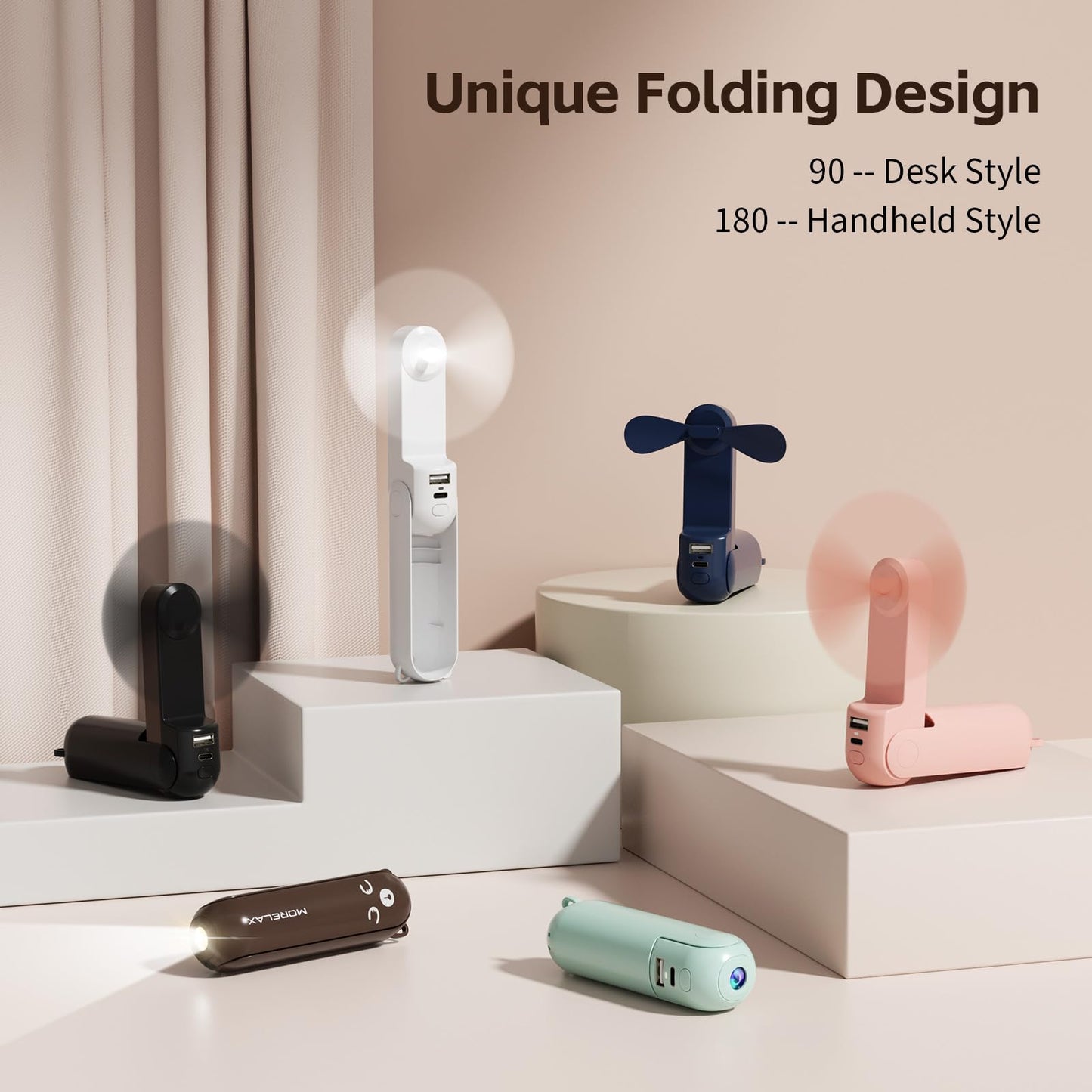 Morelax Portable Fan, Mini Handheld Fan with Power Bank, Cute USB Rechargeable Pocket Fan, Foldable Small Cooling Fan with LED Light, Personal Travel