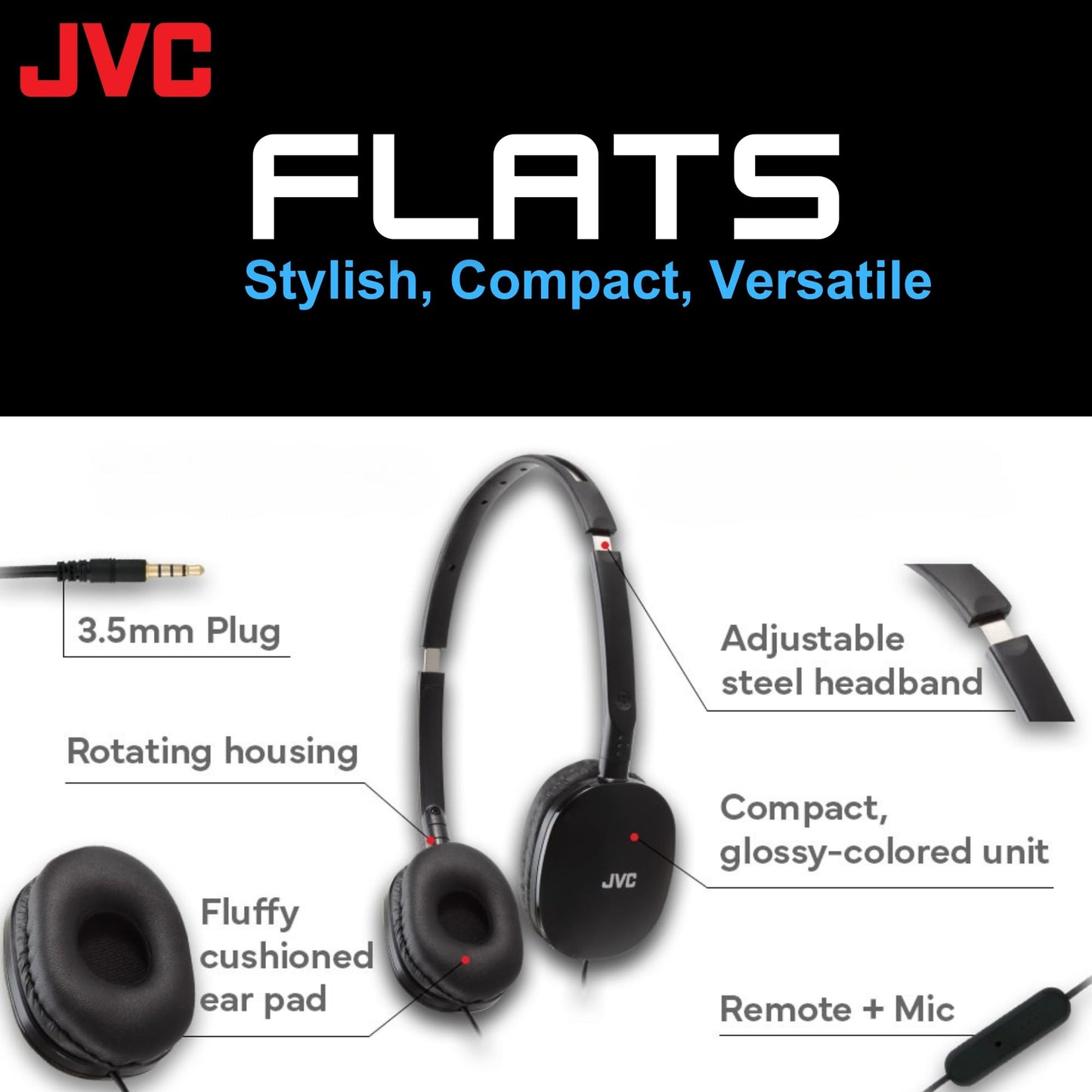 JVC Flats On-Ear Wired Headphones with Mic - Flat Foldable Design - 30mm- Neodymium Driver for Powerful Sound - Soft Ear-Pads for Comfort…