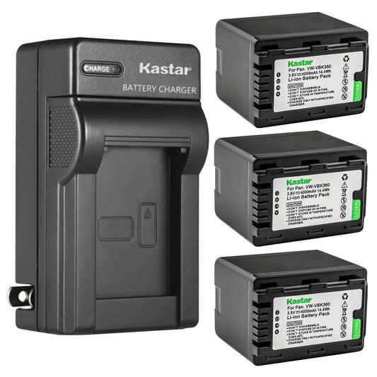 Kastar 3-Pack Battery and AC Wall Charger Replacement for Panasonic SDR-S70P, SDR-S70PC, SDR-S70R, SDR-S70S Camera, Panasonic VW-VBK180, VW-VBK180PPK