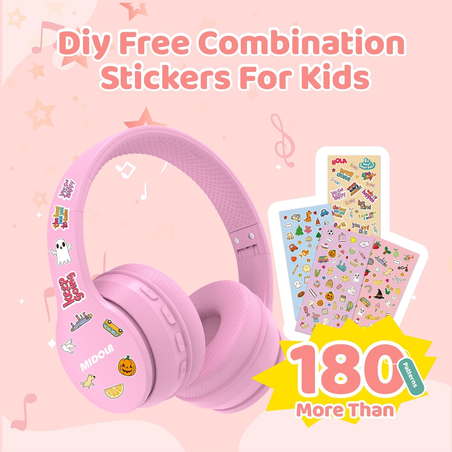 MIDOLA Kids Headphones Bluetooth 5.4 Wireless 68H Play Time Volume Limit 85/94dB Over-Ear Foldable Headset,Type-C Fast Charging,with Wired Aux Mic…