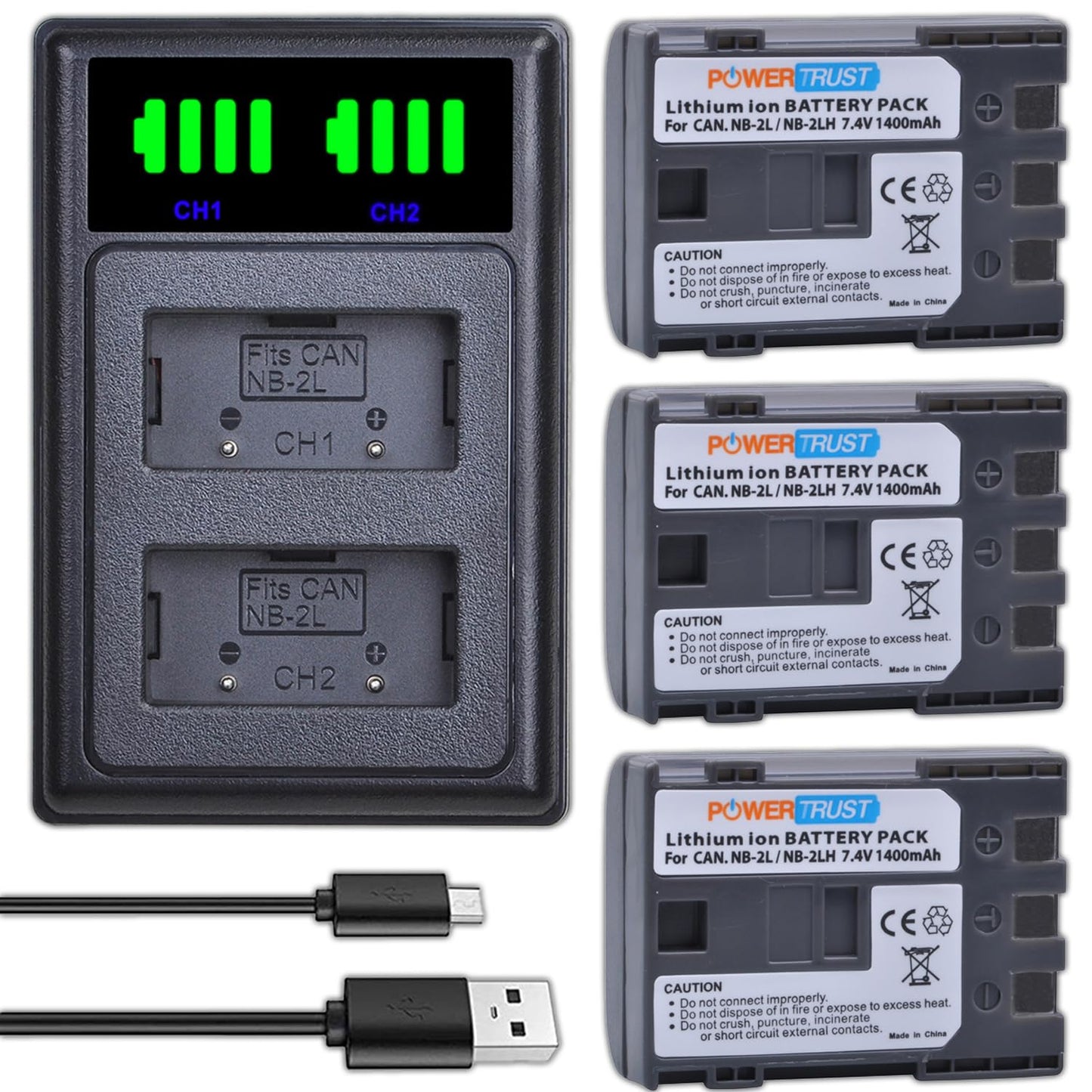 PowerTrust 3-Pack NB-2L NB-2LH Battery and NB2L Dual USB Charger for Canon DC301, DC310, DC320, DC330, DC410, DC420, Elura 40, 50, 60, 65, 70, 80, 85