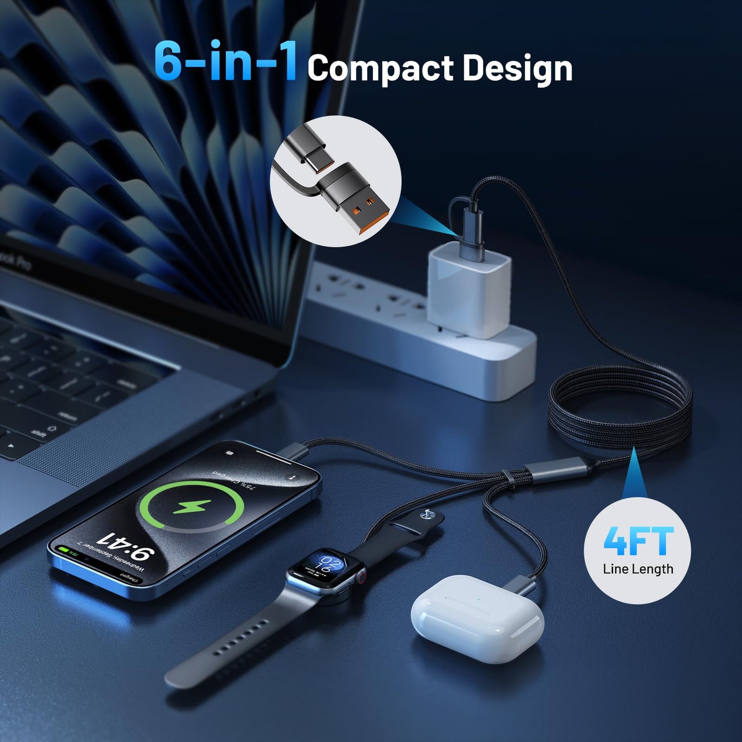 ANVOSED 60W Fast Charging Cable for Apple Watch Charger, 6-in-1 Portable Multi Charging Cable for Apple Watch Series 1-11/SE/Ultra (Black, 120)