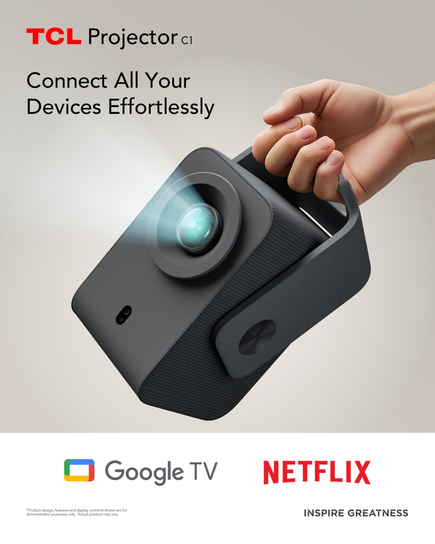 TCL C1 Smart Projector 4K Support, Google TV & Netflix Officially Licensed, WIFI and Bluetooth, Auto Focus Keystone, Native 1080p, Dolby Audio, 285°