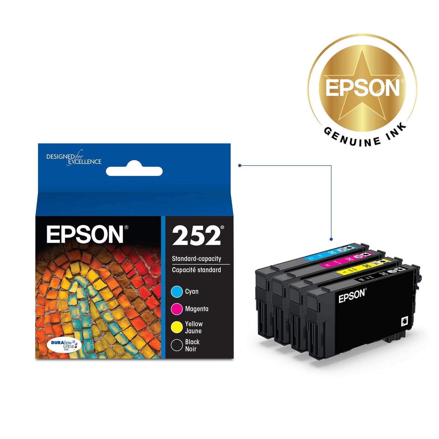 EPSON 252 DURABrite Ultra Ink Standard Capacity Black & Color Cartridge Combo Pack (T252120-BCS) Works with WorkForce WF-3620, 3640, 7110, 7610, 7620