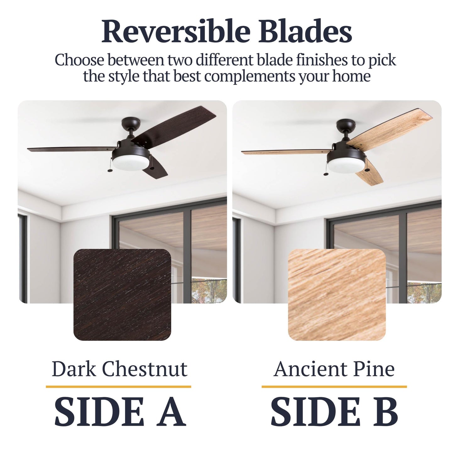 Prominence Home Statham, 52 Inch Contemporary Indoor LED Ceiling Fan with Light, Pull Chain, Dual Mounting Options, Modern Dual Finish Blades