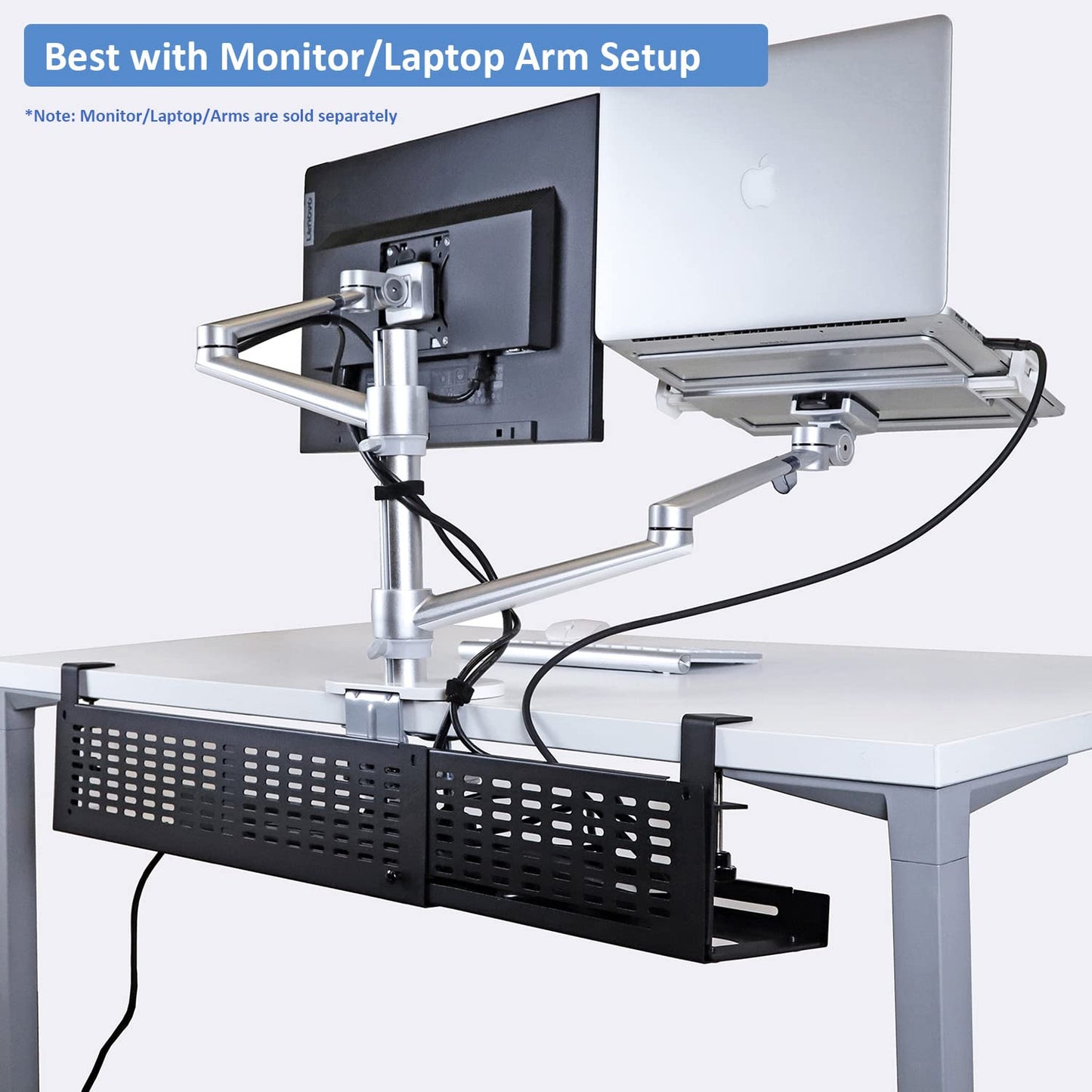 AEONS Under Desk Cable Management Tray Kit - Horizontal Adjustable up to 41” Removable C Clamp Mount Reversible Computer Cord Raceway and Modesty